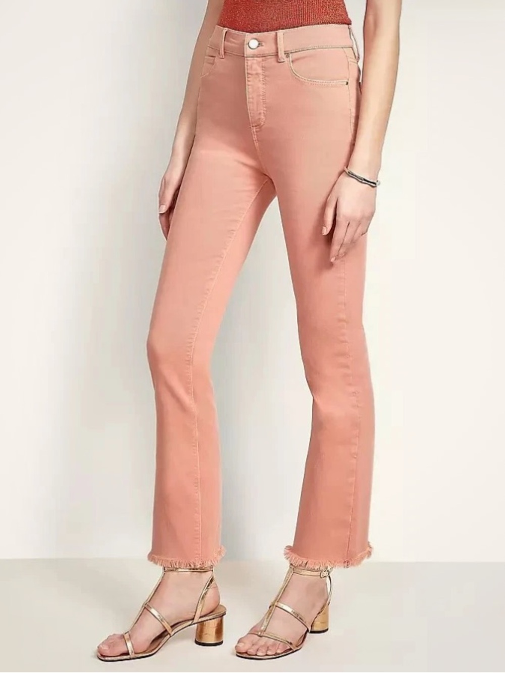 Ann Taylor LOFT | Women's Coral Pink High Waisted Straight Crop Jean raw hem 31